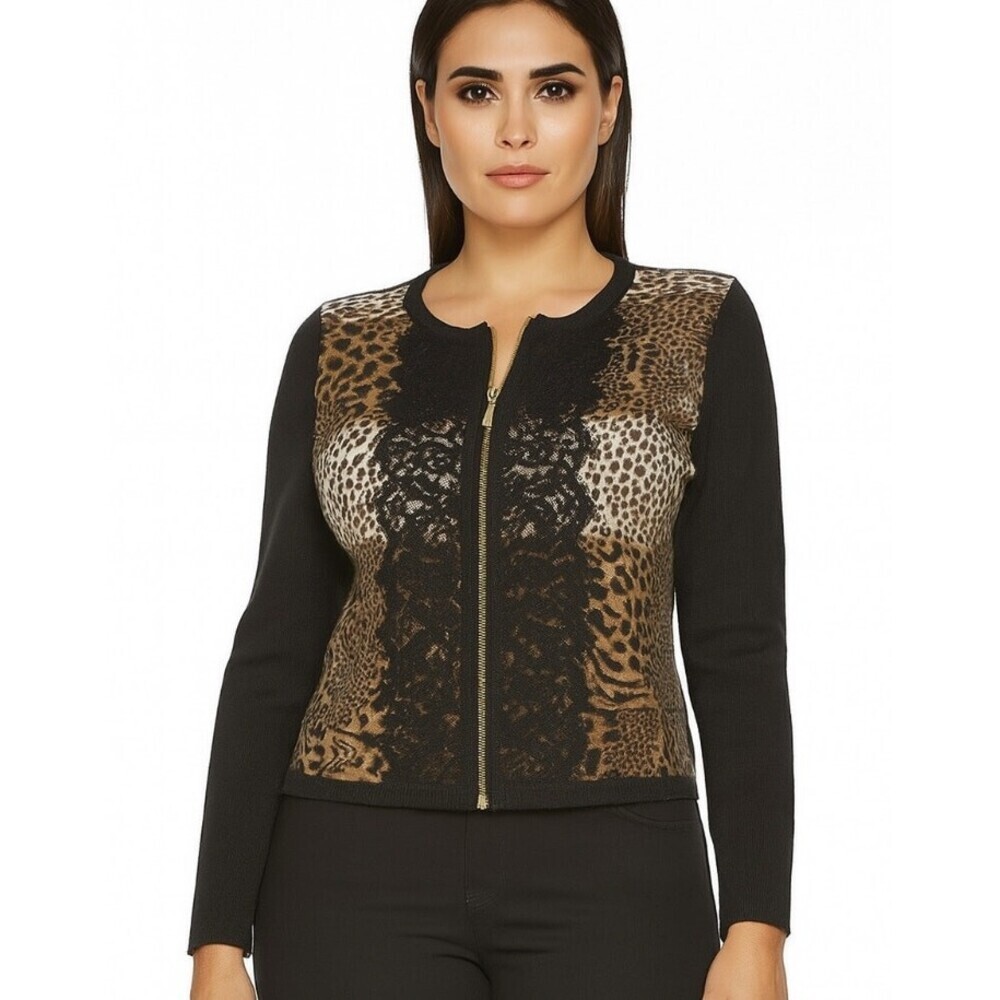 Chico's sweater cardigan full zip up animal cheetah print lace trimmed SZ 2 (LG)